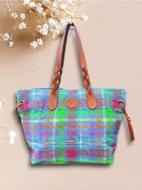 Dooney & Bourke Large Colorful Nylon Madras Plaid Braided Leather Tote Bag Purse